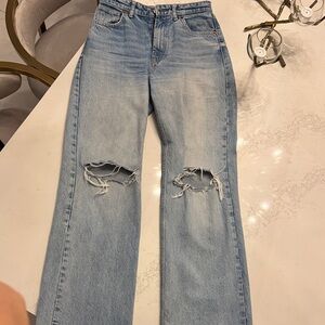 Zara Light Blue Ripped high rise Wide Leg Jeans